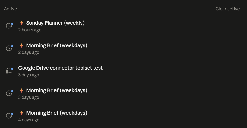 Claude's Active list showing a scheduled Sunday Planner and Morning Brief, which is what a finished AI OS looks like