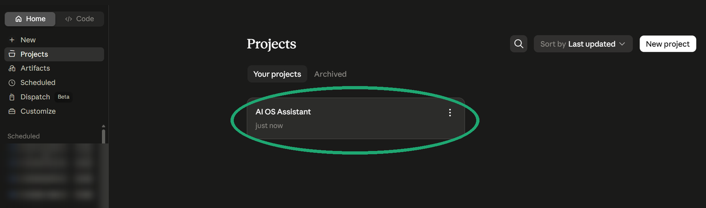 The Projects screen in Claude with the AI OS Assistant project circled