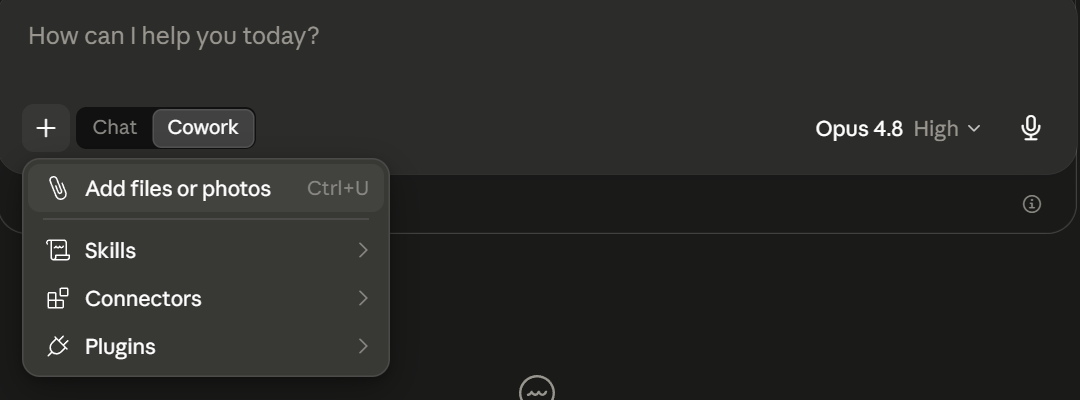 The plus button menu open in Claude, showing Add files or photos at the top
