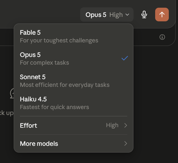 The Claude model picker open, with Opus selected and a tick beside it